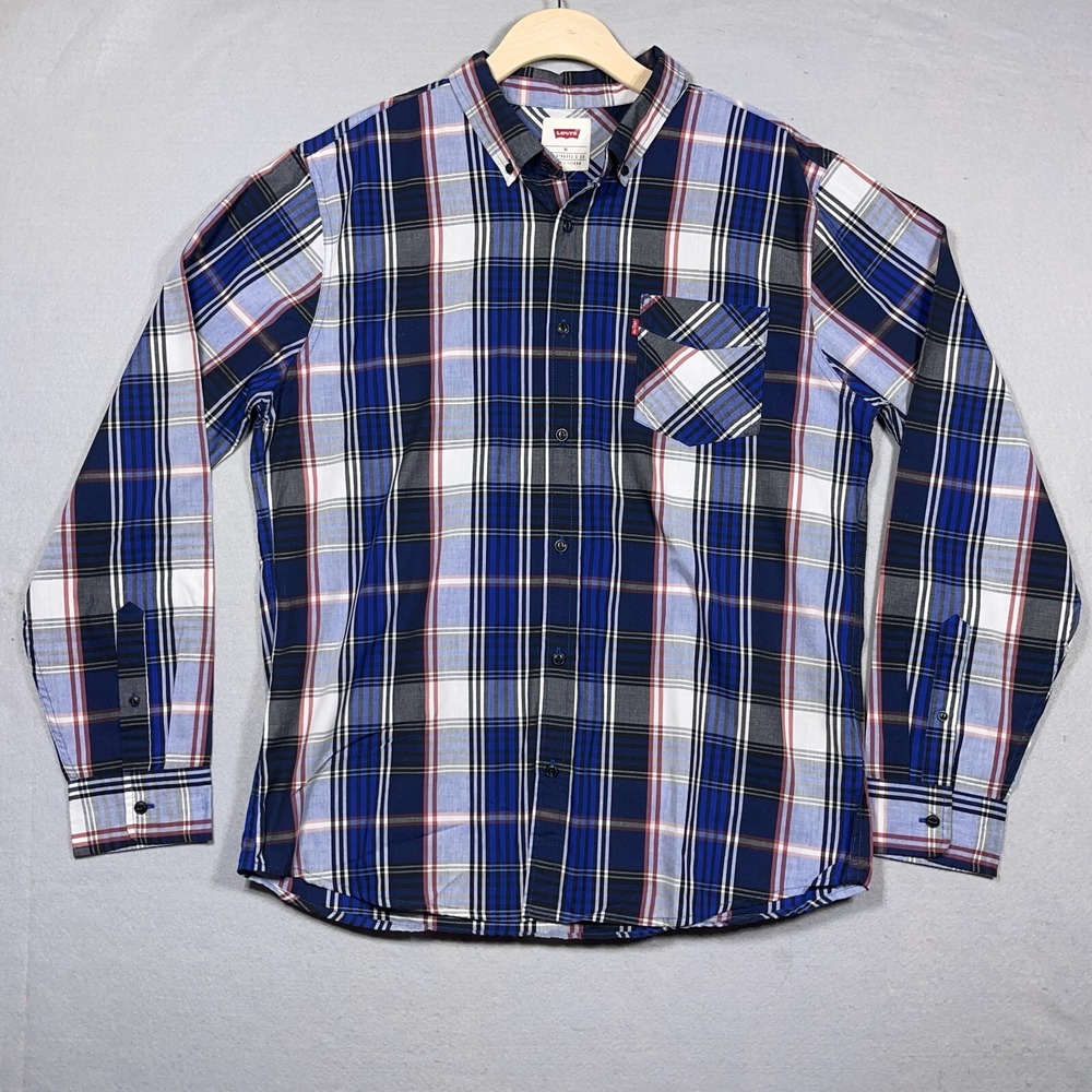 Levis Plaid Button‎ Down Shirt Teen XL Regular Fit Blue White Red Casual Western